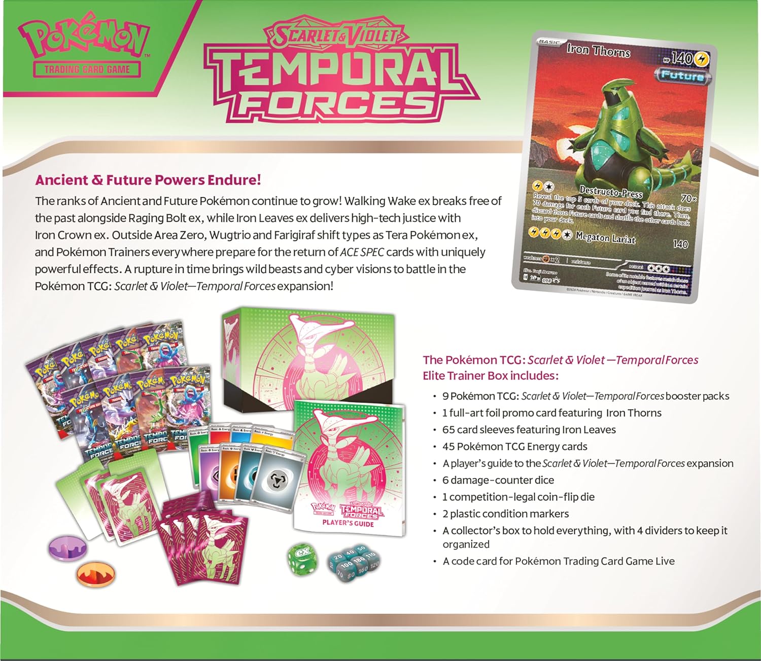 Pokemon TCG Scarlet & Violet: Temporal Forces - Elite Trainer Box Iron Leaves con Iron Thorns En Ingles