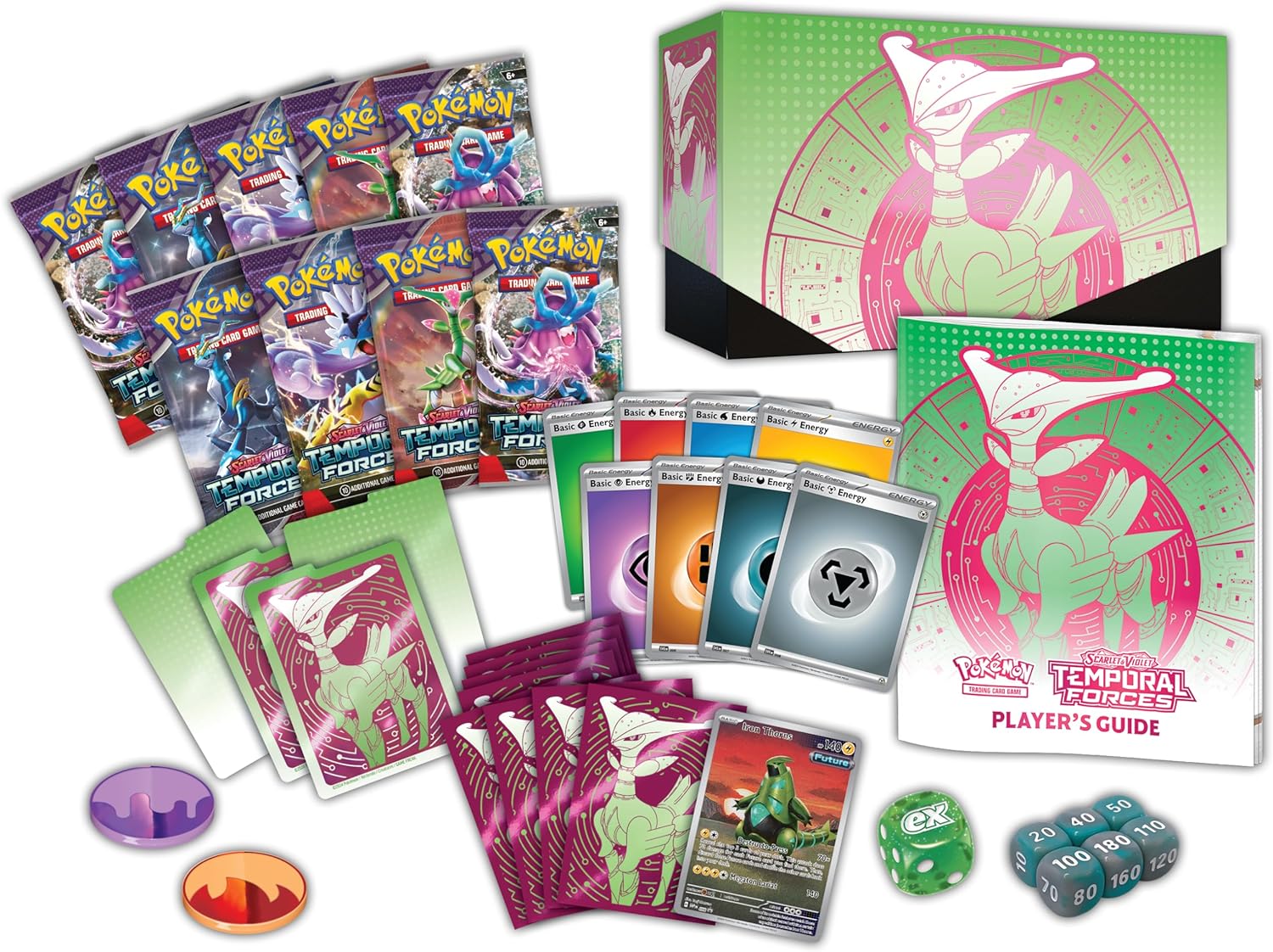 Pokemon TCG Scarlet & Violet: Temporal Forces - Elite Trainer Box Iron Leaves con Iron Thorns En Ingles