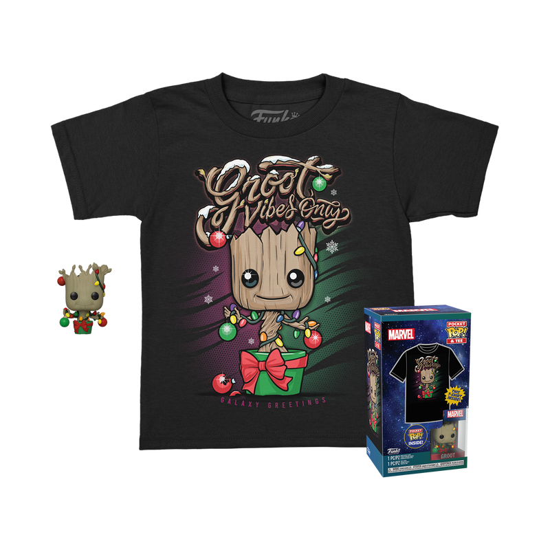 Funko Pop Keychain & Tee: Guardianes De La Galaxia Holiday - Playera Infantil Extra Chica Con Llavero Groot