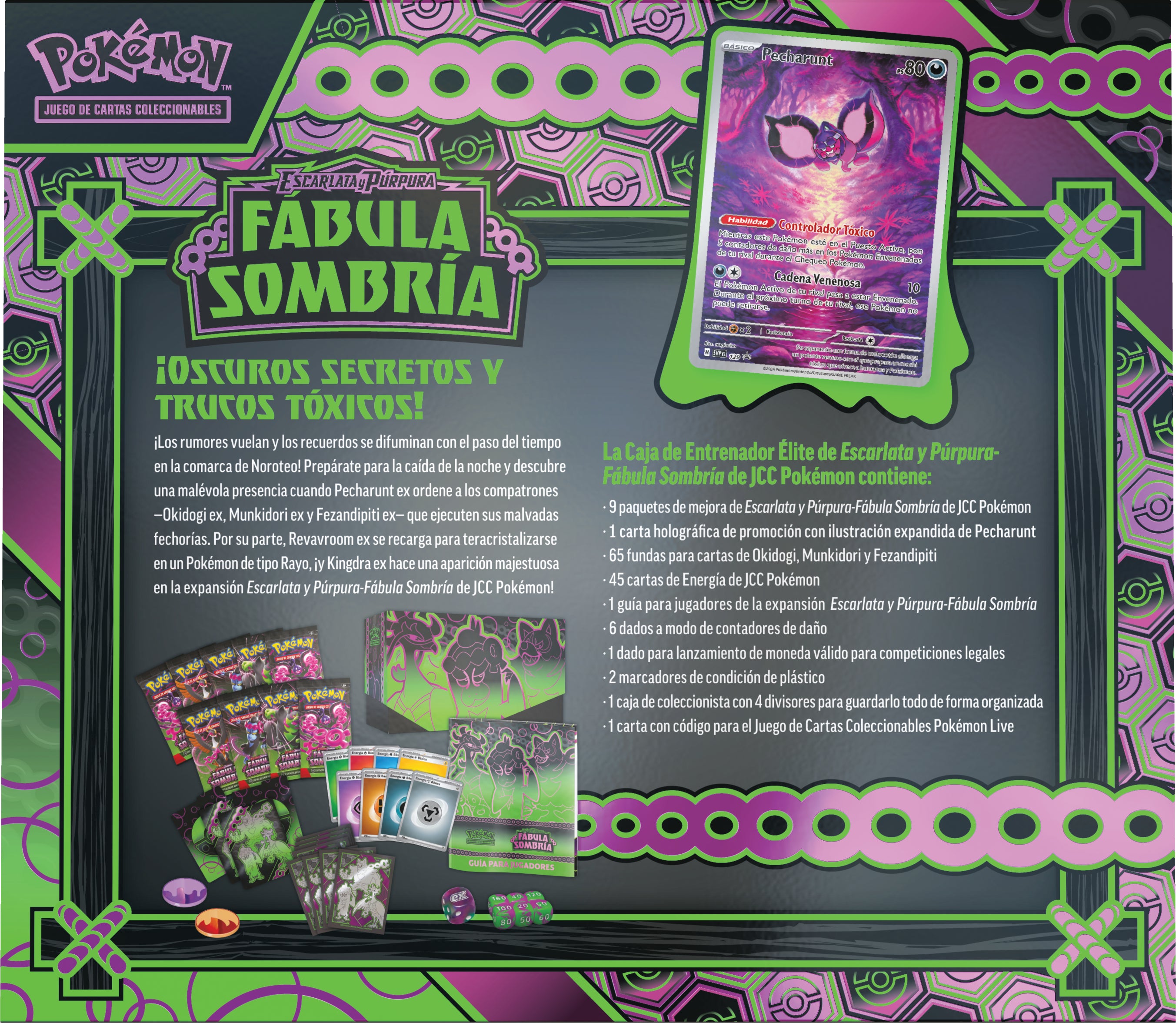 Pokemon TCG Escarlata y Purpura: Fabula Sombria - Elite Trainer Box Okidogi, Munkidori y Fezandipiti En Español