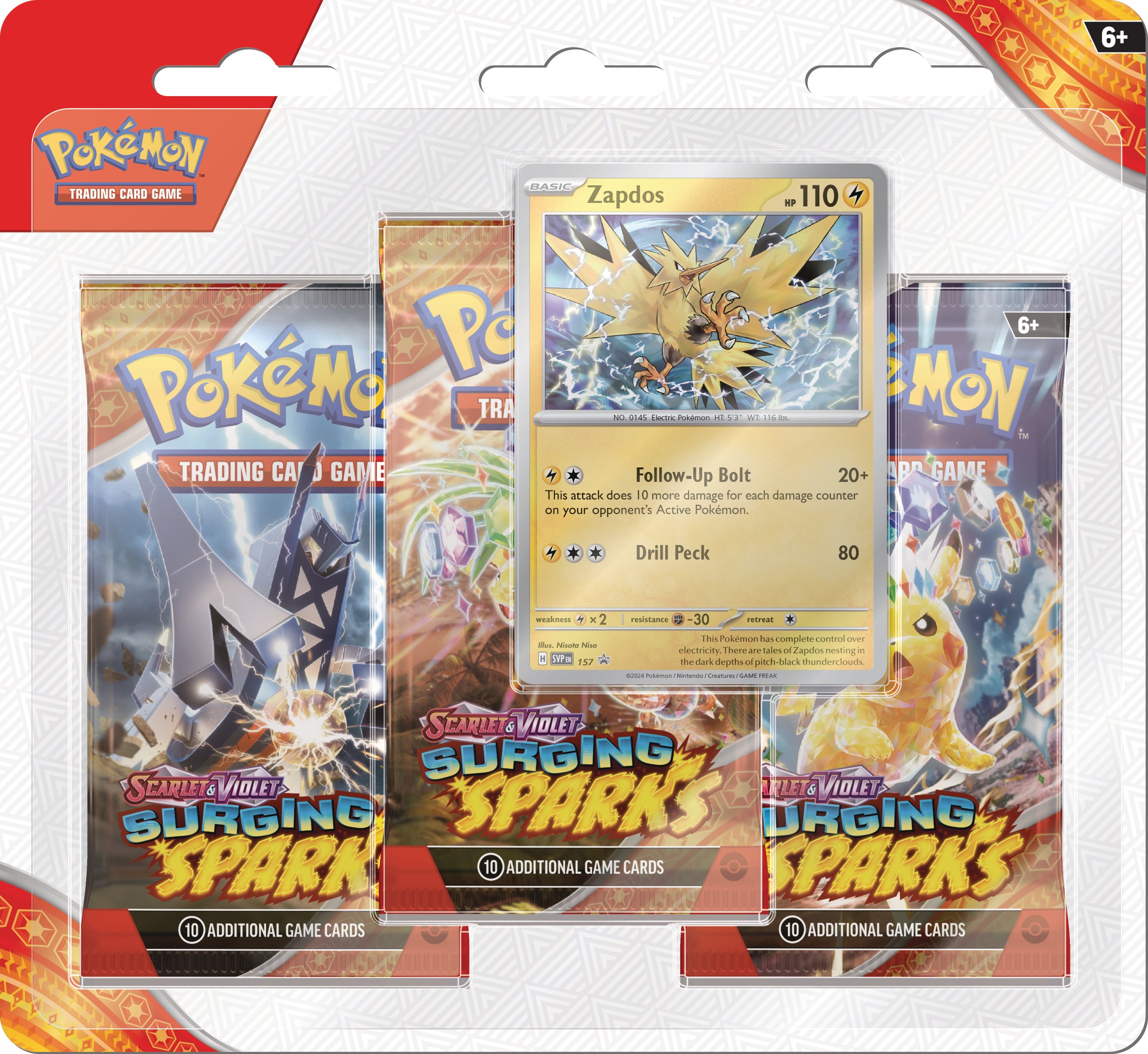 Pokemon TCG Scarlet & Violet: Surging Sparks - 3 Pack Blister Zapdos o Quagsire En Ingles