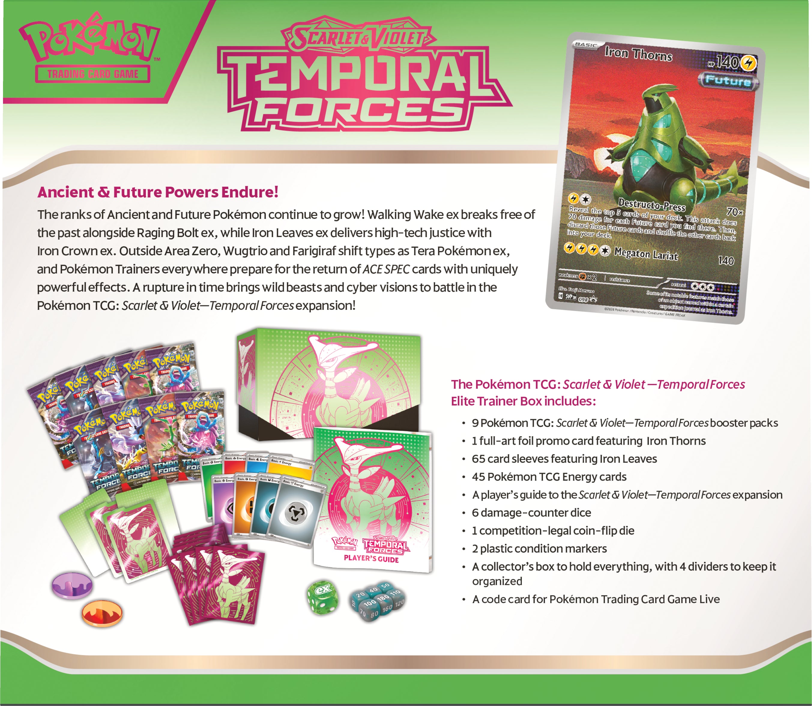 Pokemon TCG Scarlet & Violet: Temporal Forces - Elite Trainer Box Walking Wake o Iron Leaves En Ingles Surtido